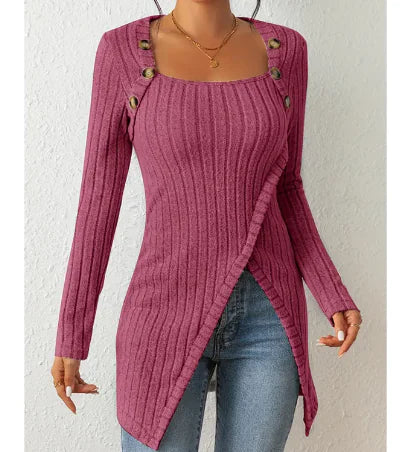 Square-neck Off-shoulder Slit Sweater - Swamp's Store