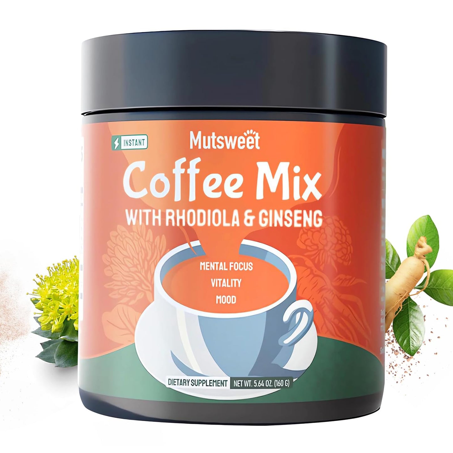 Mutsweet Rhodiola Rosea Instant Coffee Mix with Ginseng Supplement 40 Servings Coffee Alternative Powder Ginseng Extract Ground Coffee Support Energy Mood Stress Stamina - Swamp's Store