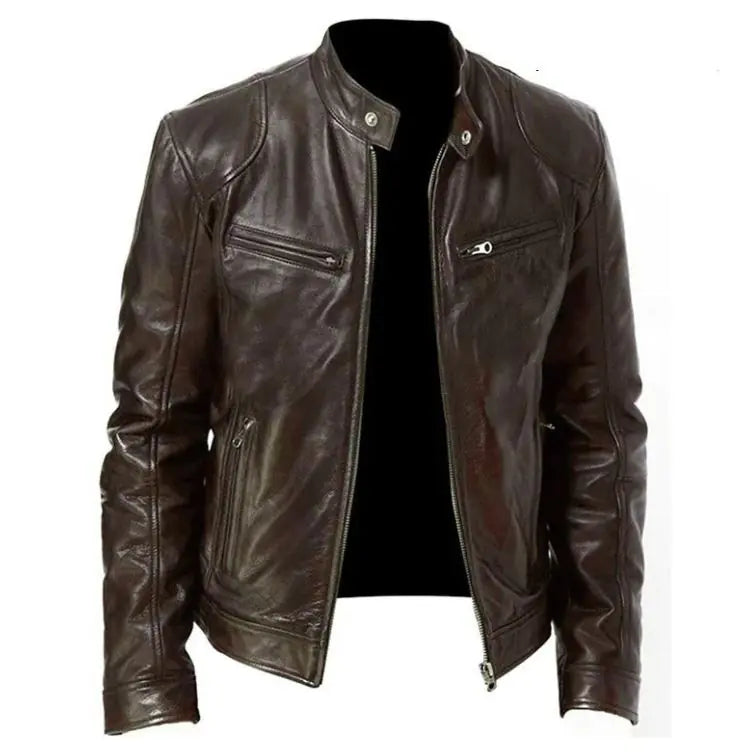 Men's Zip Cardigan PU Leather Jacket With Stand Collar - Swamp's Store
