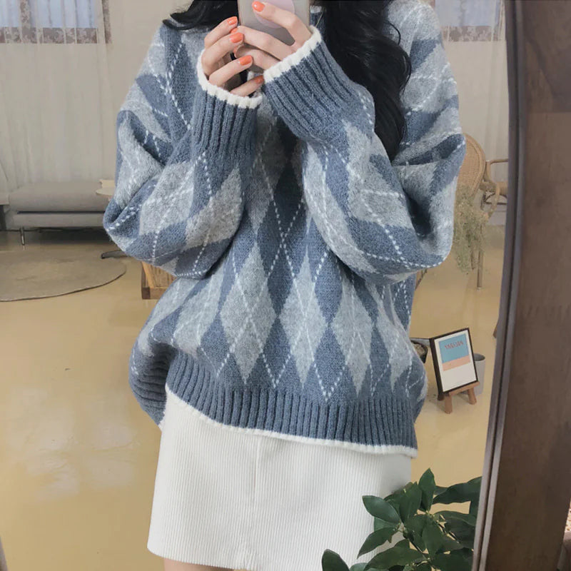 Rhombic Knit Pullover - Loose Winter Sweater - Swamp's Store