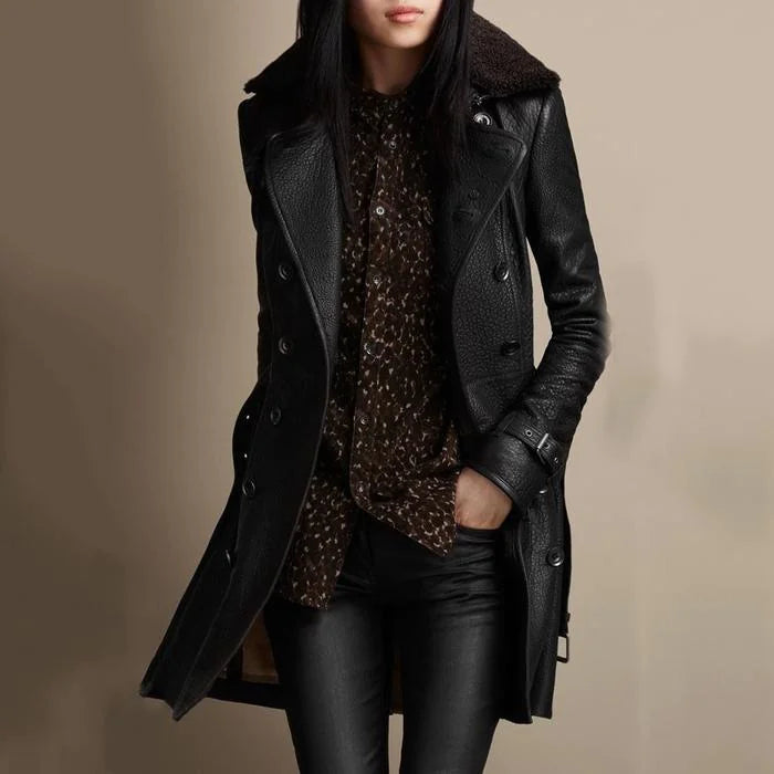 Slim-Fit Faux Leather Double-Breasted Coat - Swamp's Store