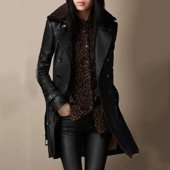 Slim-Fit Faux Leather Double-Breasted Coat - Swamp's Store
