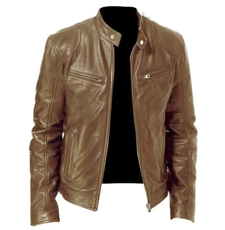 Men's Zip Cardigan PU Leather Jacket With Stand Collar - Swamp's Store