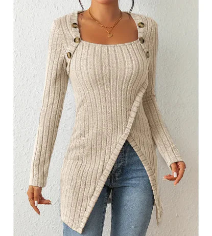 Square-neck Off-shoulder Slit Sweater - Swamp's Store