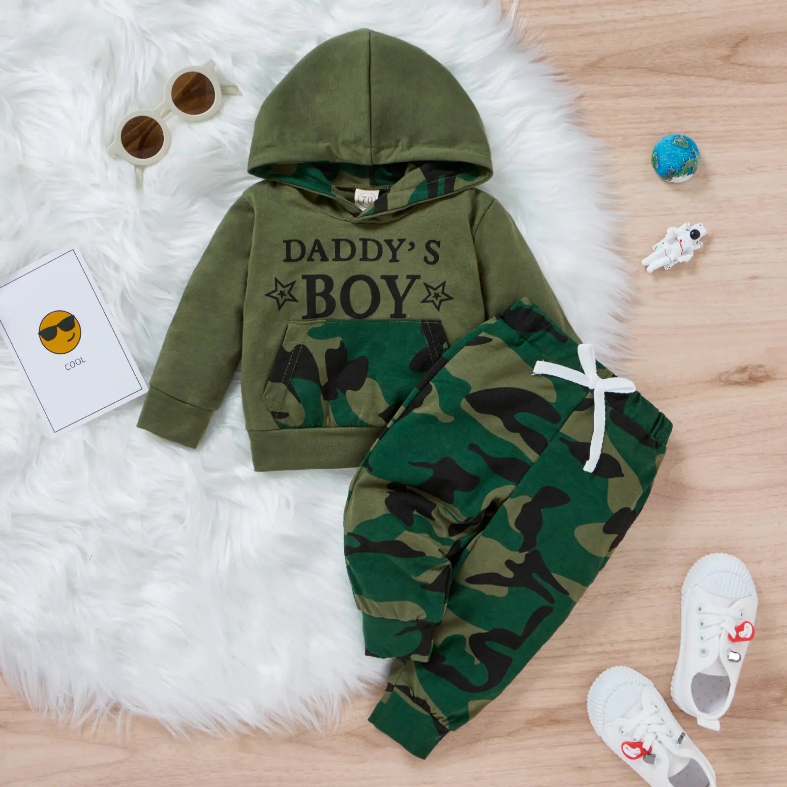 Autumn 2pcs Clothing Set Long Sleeve Letter Printed Hooded Top Camou Pants - Swamp's Store