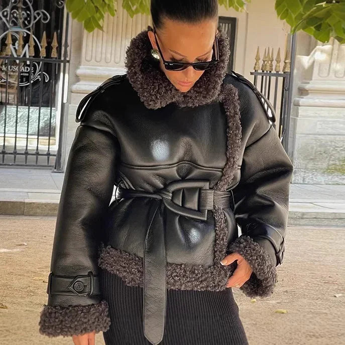 Women's Faux Leather Belted Fur Jacket - Swamp's Store
