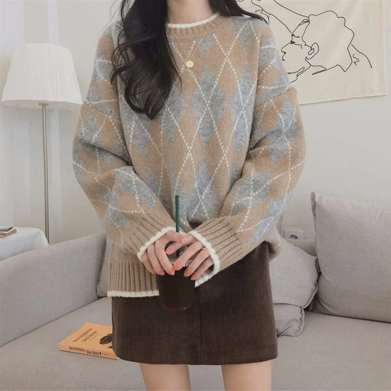 Rhombic Knit Pullover - Loose Winter Sweater - Swamp's Store