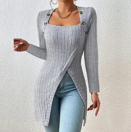 Square-neck Off-shoulder Slit Sweater - Swamp's Store