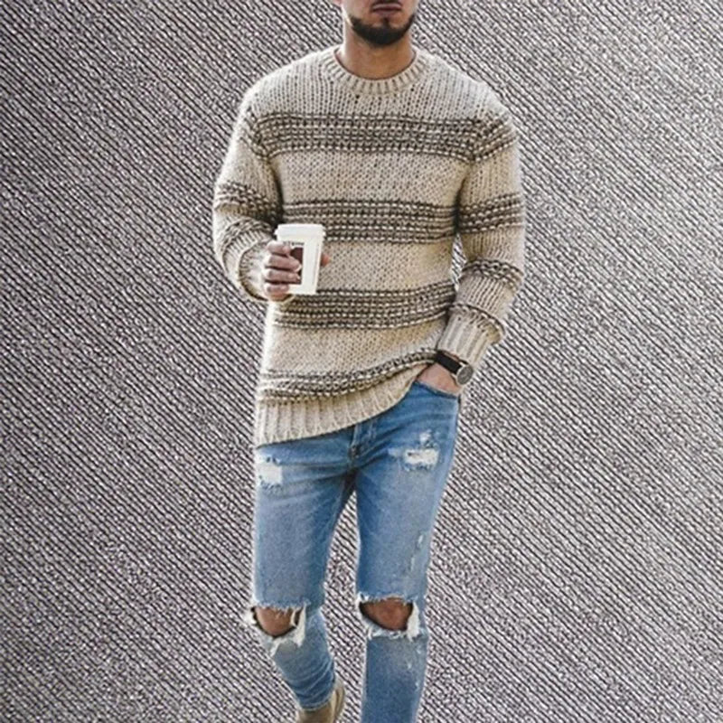 Striped casual sweater with round neck knit top - Swamp's Store
