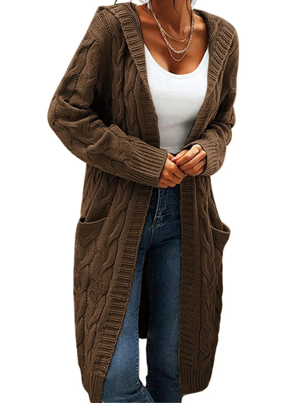Women Hooded Open Front Cardigan Cable Knit Sweaters Solid Color Chunky Long Sweater Coats Large Dark Brown - Swamp's Store