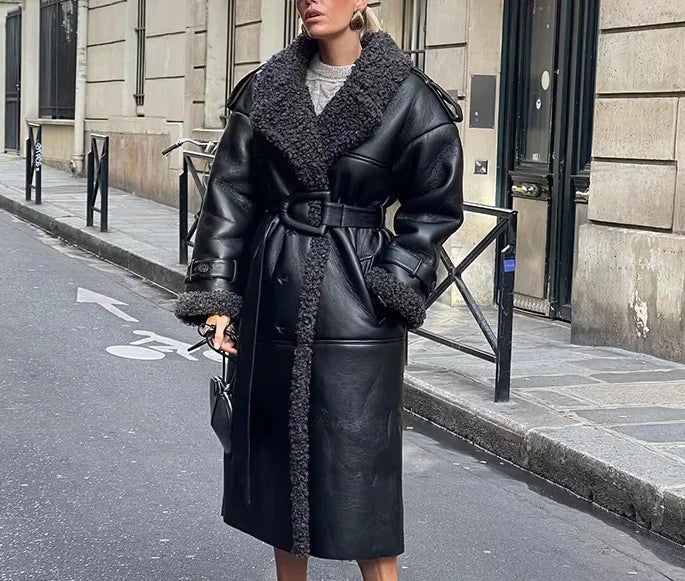 Women's Faux Leather Belted Fur Jacket - Swamp's Store