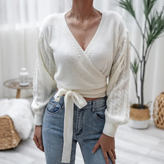 DEWADBOW  Autumn V-Neck Bandage Cross Wrap Women's Knitted Sweaters - Swamp's Store