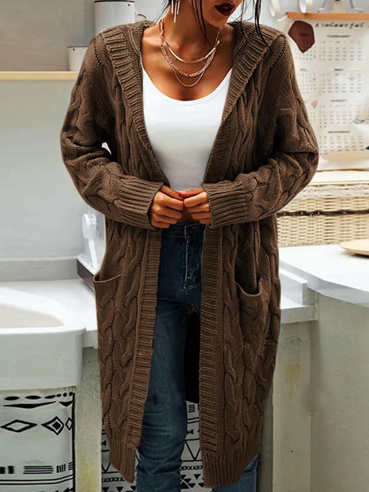 Women Hooded Open Front Cardigan Cable Knit Sweaters Solid Color Chunky Long Sweater Coats Large Dark Brown - Swamp's Store
