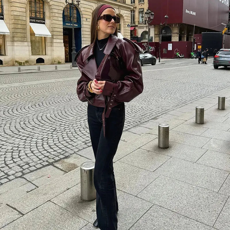 Loose Lapel Leather Cropped Jacket for Women - Swamp's Store