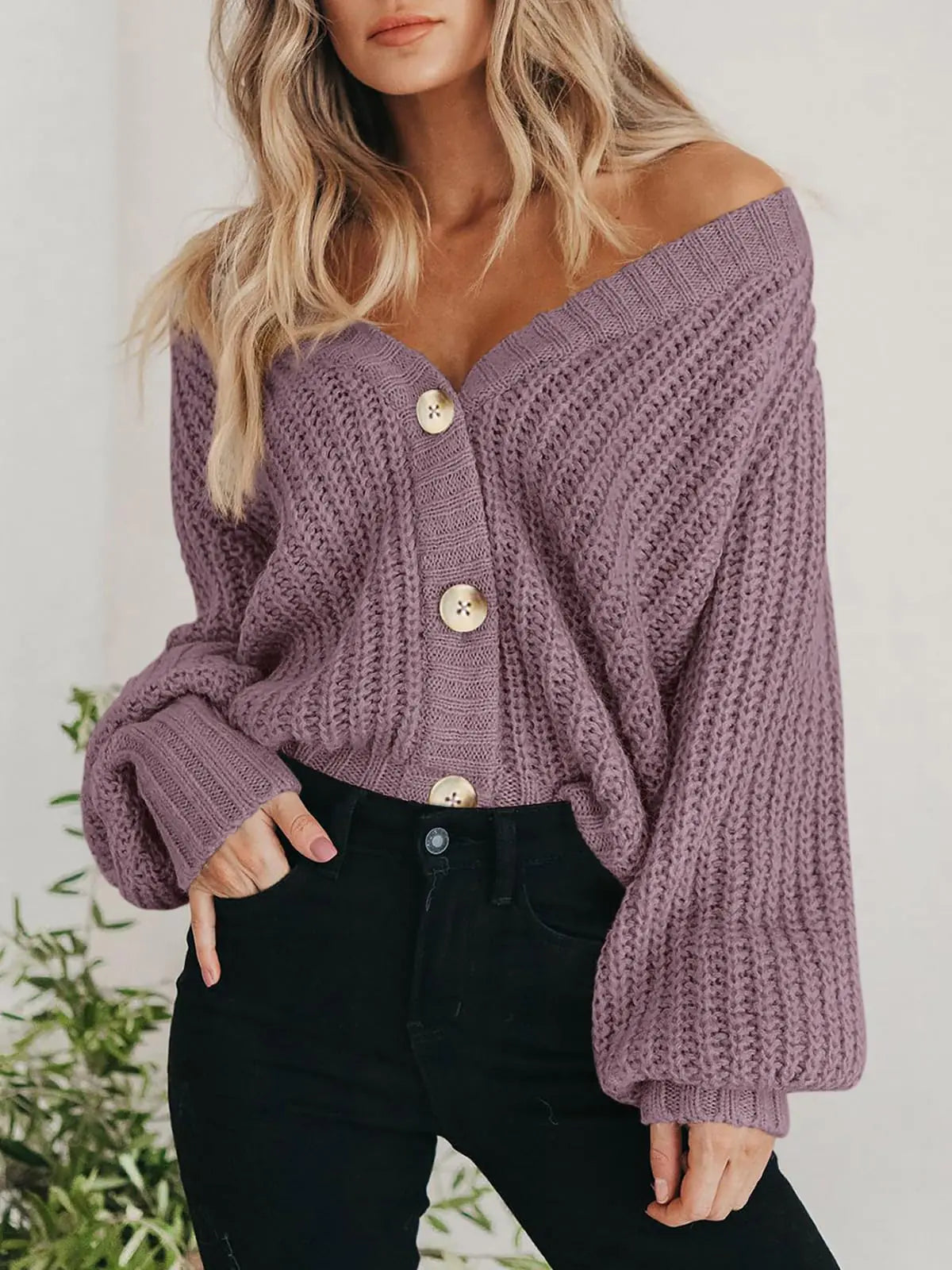 #X- PRETTYGARDEN Women's Chunky Knit Open Front Sweater Long Sleeve Button Loose Short Cardigan Outerwear Coats Medium Orchid Mist - Swamp's Store