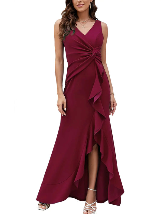 FQA Long Black Evening Gowns for Women Formal Dresses for Women Evening Party Elegant V Neck Sleeveless Split Wrap X-Large Winered - Swamp's Store