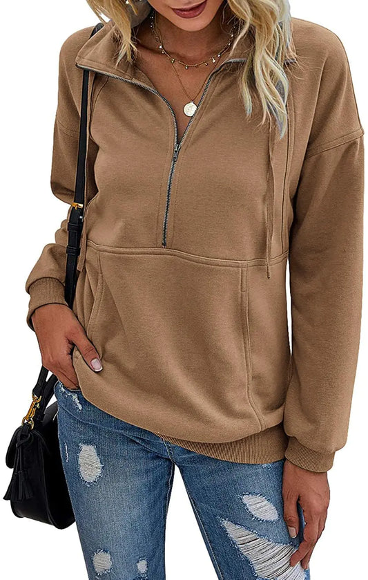 AL- PRETTYGARDEN Women's Casual Long Sleeve Lapel Zipper Sweatshirt Drawstring Loose Pullover Tops Coffee X-Large - Swamp's Store