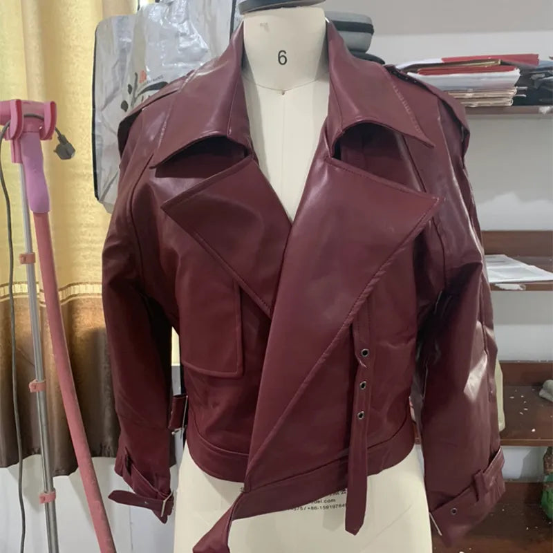 Loose Lapel Leather Cropped Jacket for Women - Swamp's Store