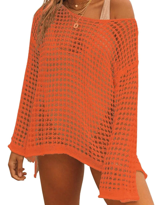 Bsubseach Crochet Cover Ups for Women Sexy Hollow Out Swim Cover Up Knit Summer Outfits Orange - Swamp's Store