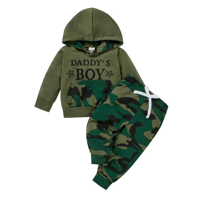 Autumn 2pcs Clothing Set Long Sleeve Letter Printed Hooded Top Camou Pants - Swamp's Store