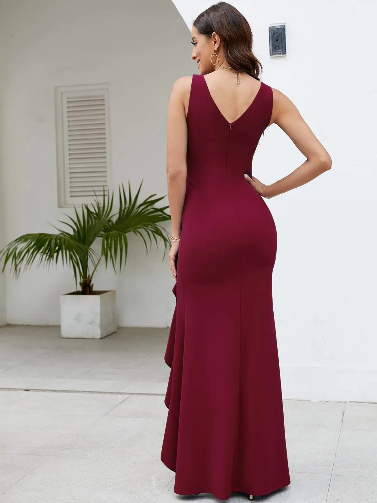 FQA Long Black Evening Gowns for Women Formal Dresses for Women Evening Party Elegant V Neck Sleeveless Split Wrap X-Large Winered - Swamp's Store