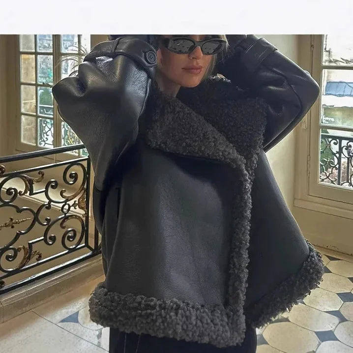Women's Faux Leather Belted Fur Jacket - Swamp's Store