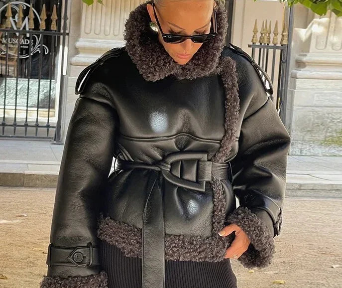 Women's Faux Leather Belted Fur Jacket - Swamp's Store