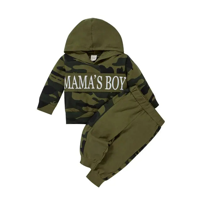 Autumn 2pcs Clothing Set Long Sleeve Letter Printed Hooded Top Camou Pants - Swamp's Store