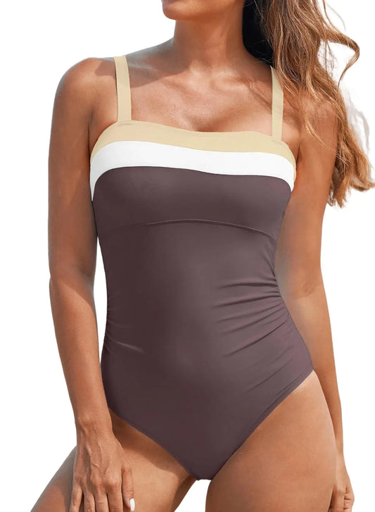 Aleumdr One Piece Swimsuit Women Bathing Suits Athletic Color Block Tummy Control Womens Swimsuits 2024 Modest Swimwea Brown Medium - Swamp's Store