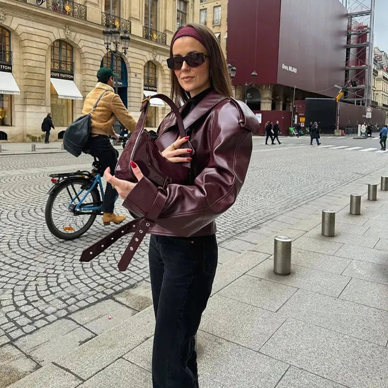 Loose Lapel Leather Cropped Jacket for Women - Swamp's Store