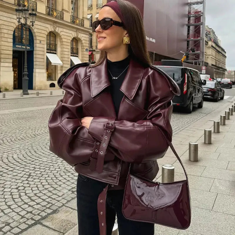 Loose Lapel Leather Cropped Jacket for Women - Swamp's Store