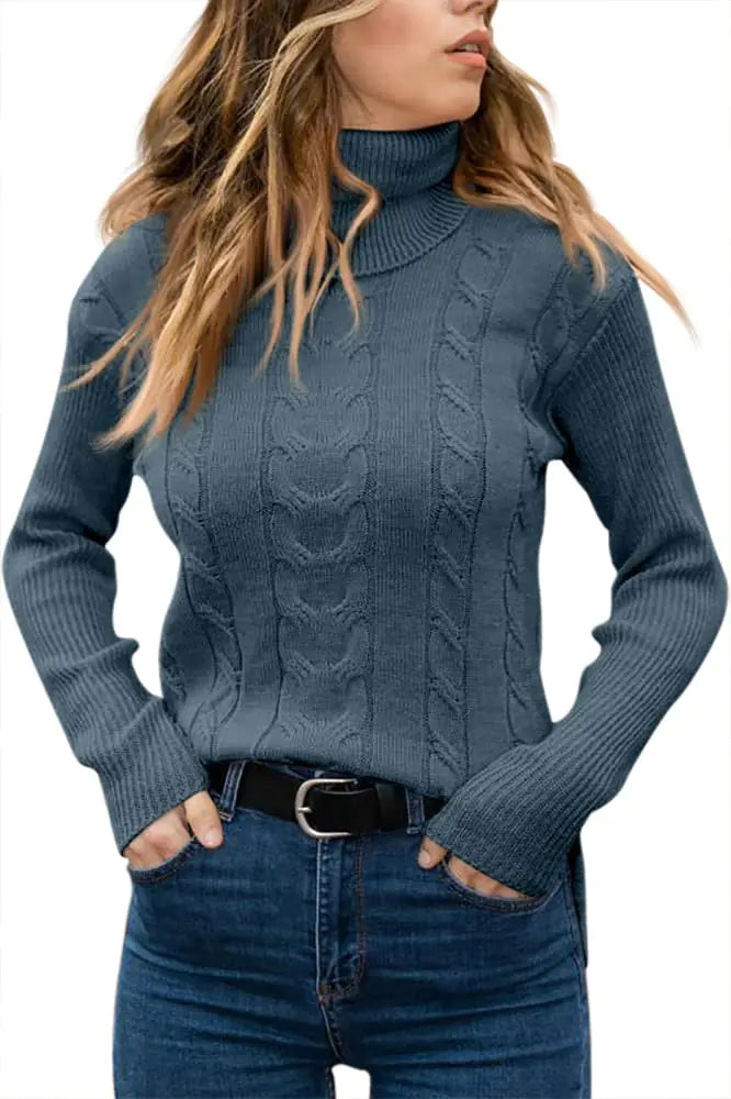 Turtleneck Long Sleeve Cable Knit Sweater - Swamp's Store