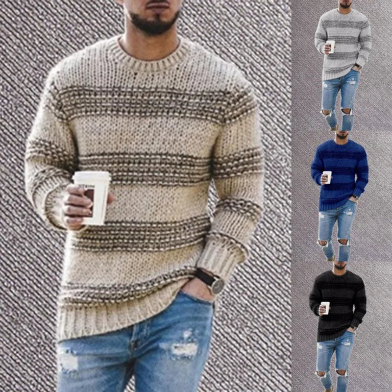 Striped casual sweater with round neck knit top - Swamp's Store
