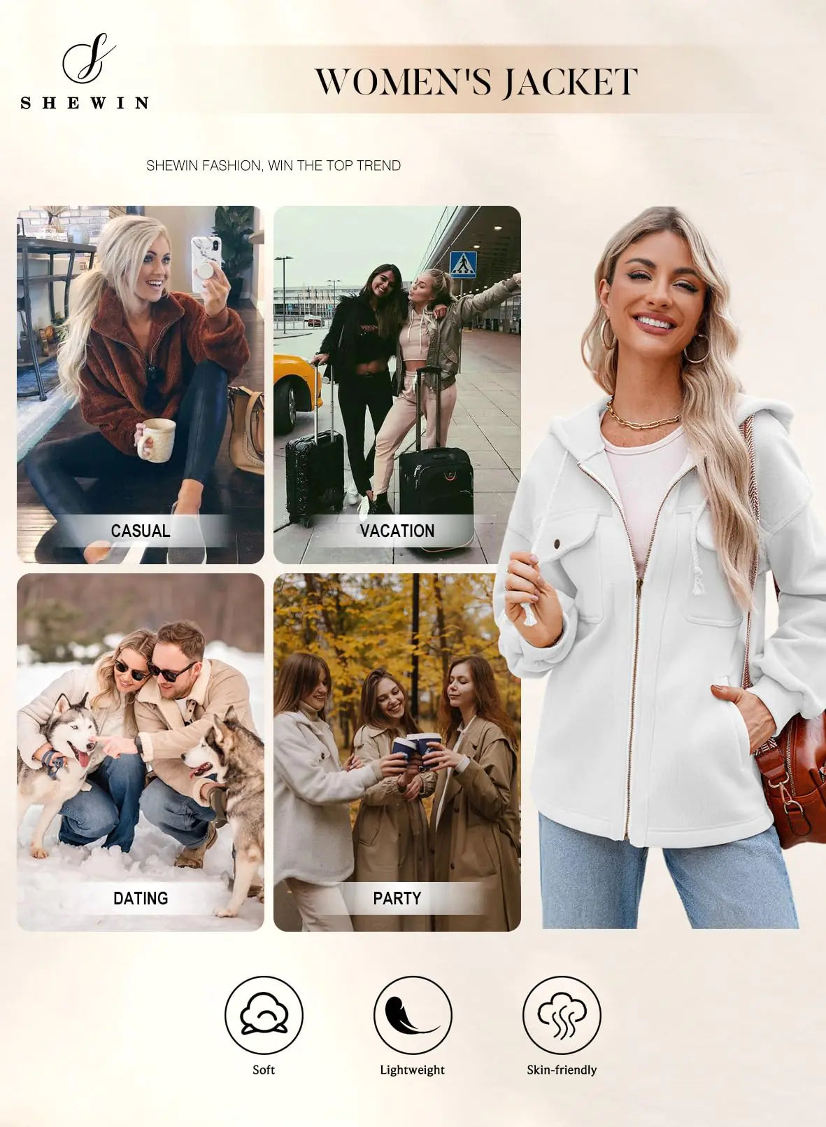 AL- SHEWIN Jackets for Women Casual Long Sleeve Drawstring Fuzzy Sherpa Hooded Zip Up Jacket Coats With Pockets White Medium - Swamp's Store