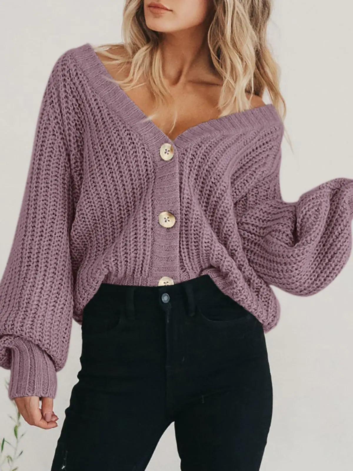 #X- PRETTYGARDEN Women's Chunky Knit Open Front Sweater Long Sleeve Button Loose Short Cardigan Outerwear Coats Medium Orchid Mist - Swamp's Store