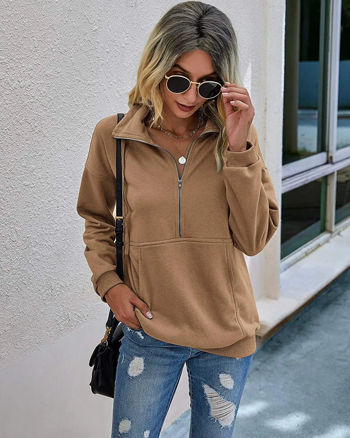 AL- PRETTYGARDEN Women's Casual Long Sleeve Lapel Zipper Sweatshirt Drawstring Loose Pullover Tops Coffee X-Large - Swamp's Store