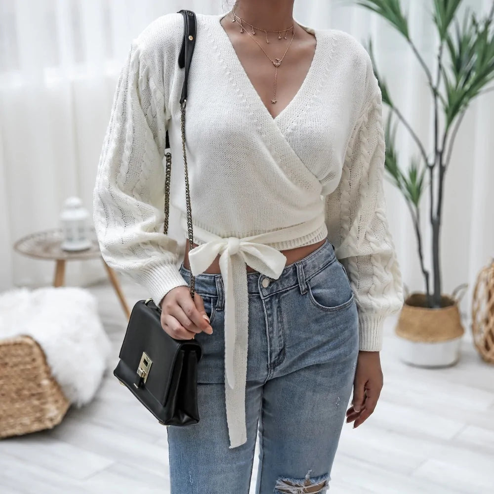 DEWADBOW  Autumn V-Neck Bandage Cross Wrap Women's Knitted Sweaters - Swamp's Store