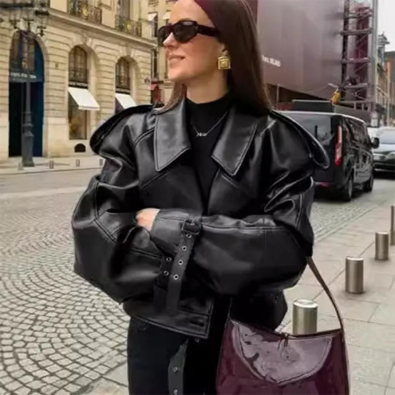 Loose Lapel Leather Cropped Jacket for Women - Swamp's Store