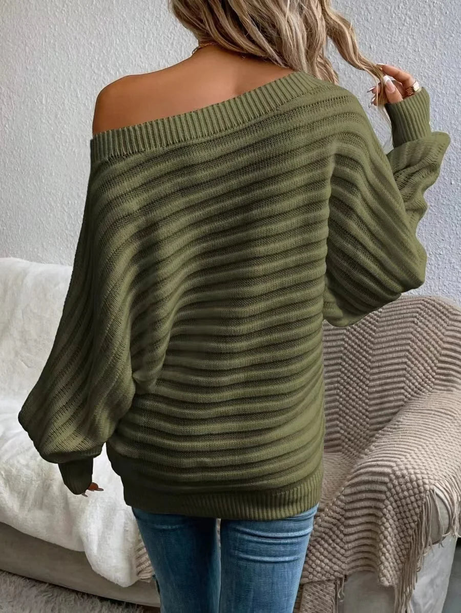 Boat Neck Batwing Sleeve Textured Knit Sweater - Swamp's Store