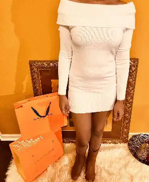 Off Shoulder Long Sleeve Sweater Dress - Swamp's Store