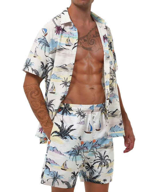 Poekuao Mens Hawaiian Matching Set Summer Beach Swim Outfits 2 Piece Flower Tropical Short Sleeve Cuban Shirts and Shorts Suits (tropical printxl) - Swamp's Store