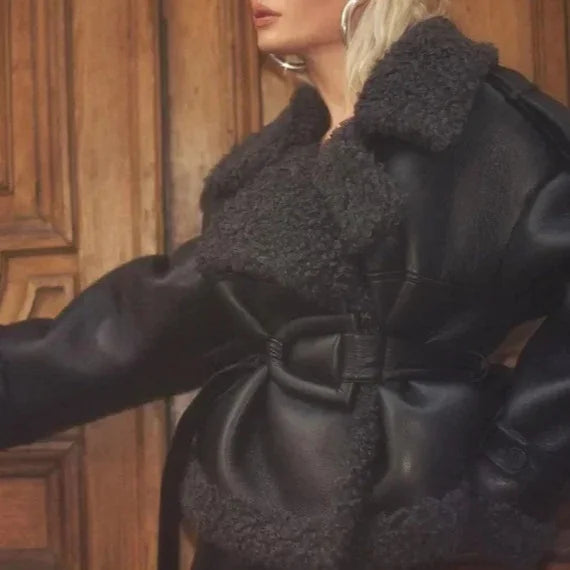 Women's Faux Leather Belted Fur Jacket - Swamp's Store