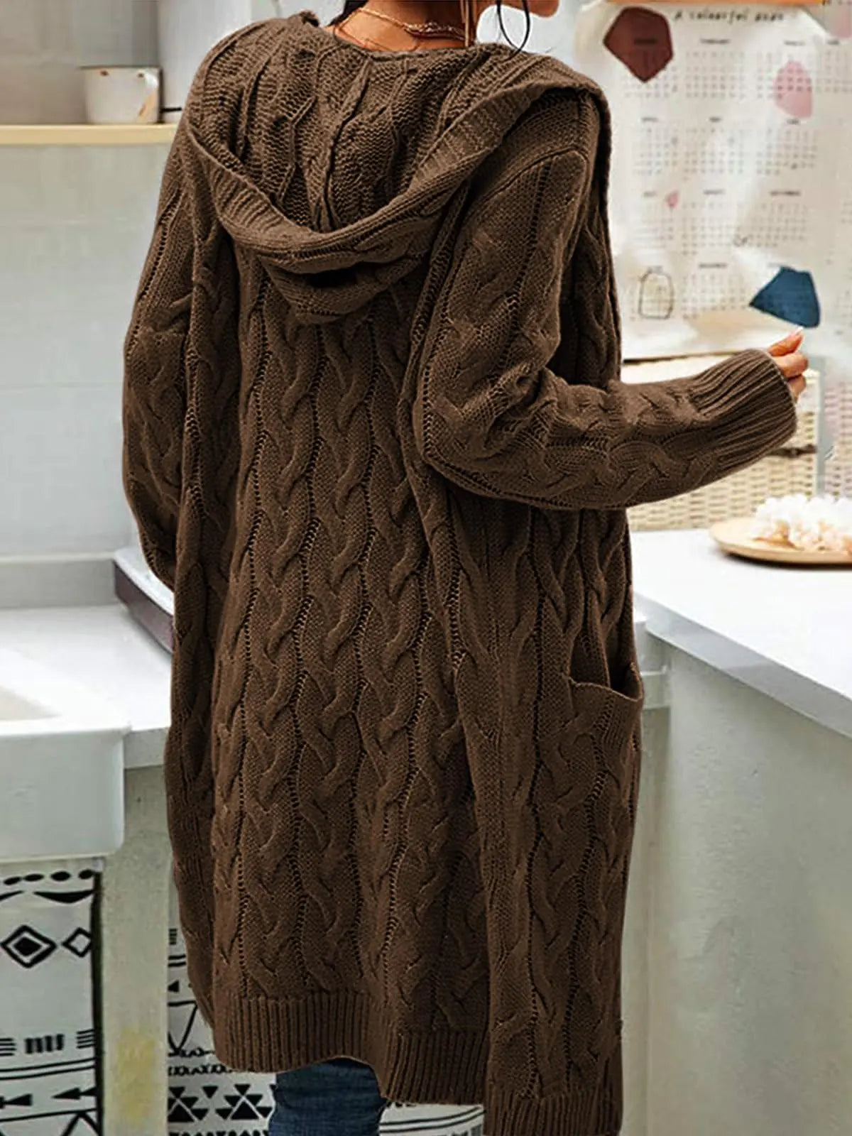 Women Hooded Open Front Cardigan Cable Knit Sweaters Solid Color Chunky Long Sweater Coats Large Dark Brown - Swamp's Store