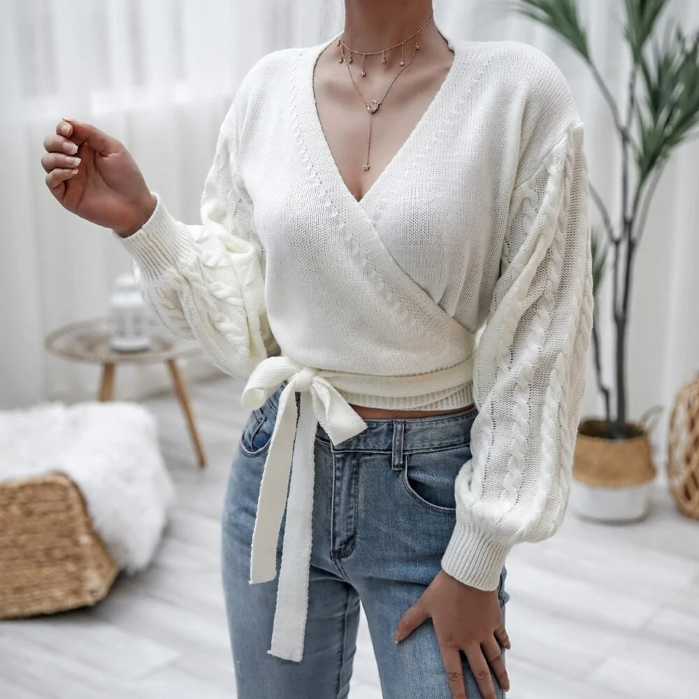 DEWADBOW  Autumn V-Neck Bandage Cross Wrap Women's Knitted Sweaters - Swamp's Store