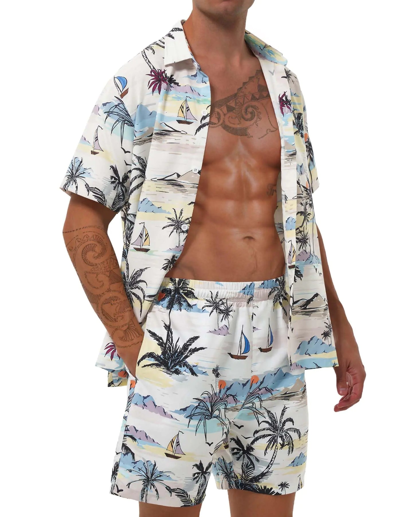 Poekuao Mens Hawaiian Matching Set Summer Beach Swim Outfits 2 Piece Flower Tropical Short Sleeve Cuban Shirts and Shorts Suits (tropical printxl) - Swamp's Store