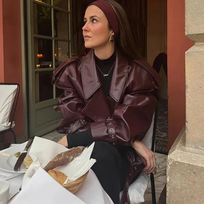Loose Lapel Leather Cropped Jacket for Women - Swamp's Store