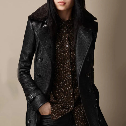 Slim-Fit Faux Leather Double-Breasted Coat - Swamp's Store