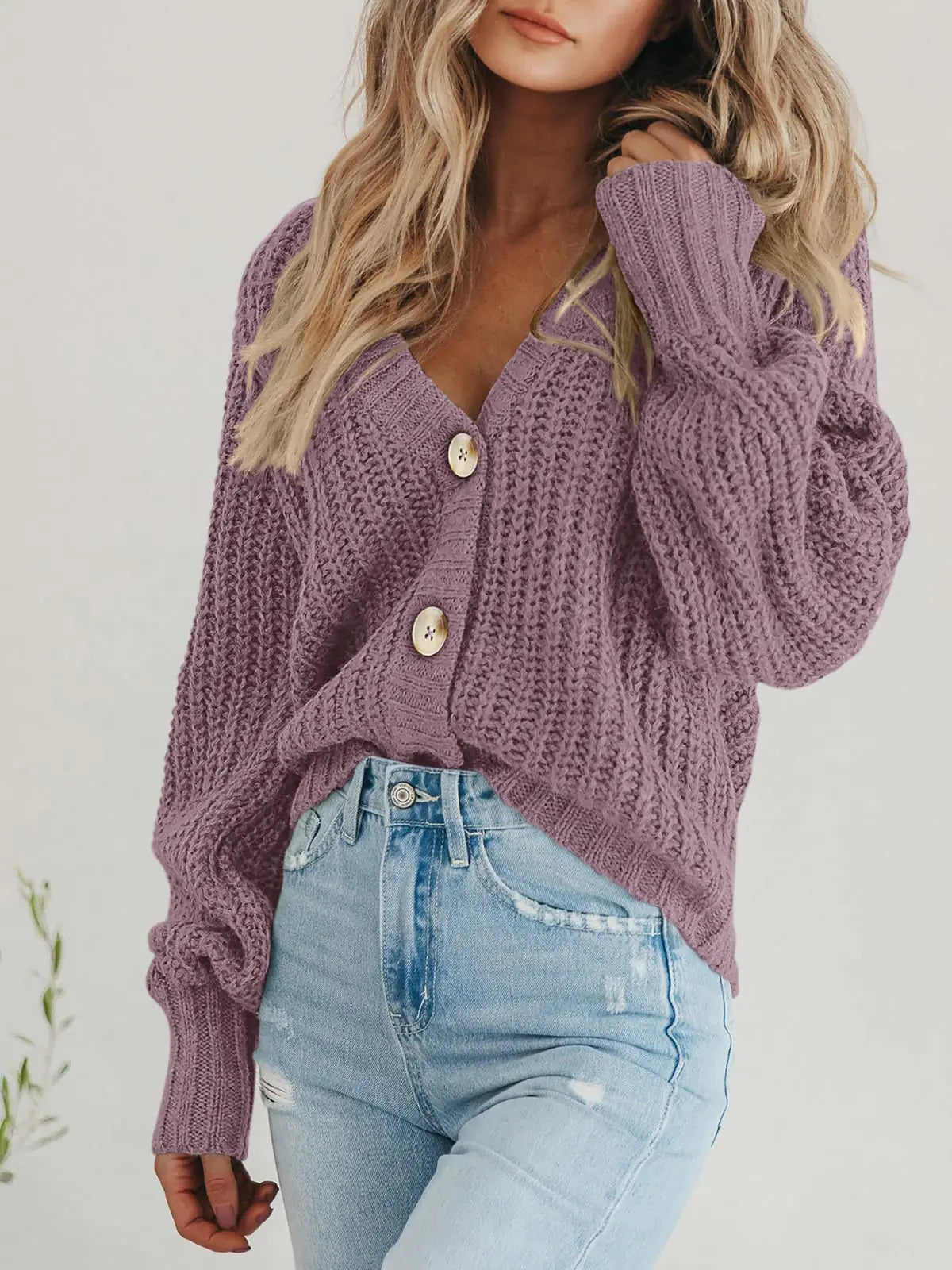 #X- PRETTYGARDEN Women's Chunky Knit Open Front Sweater Long Sleeve Button Loose Short Cardigan Outerwear Coats Medium Orchid Mist - Swamp's Store