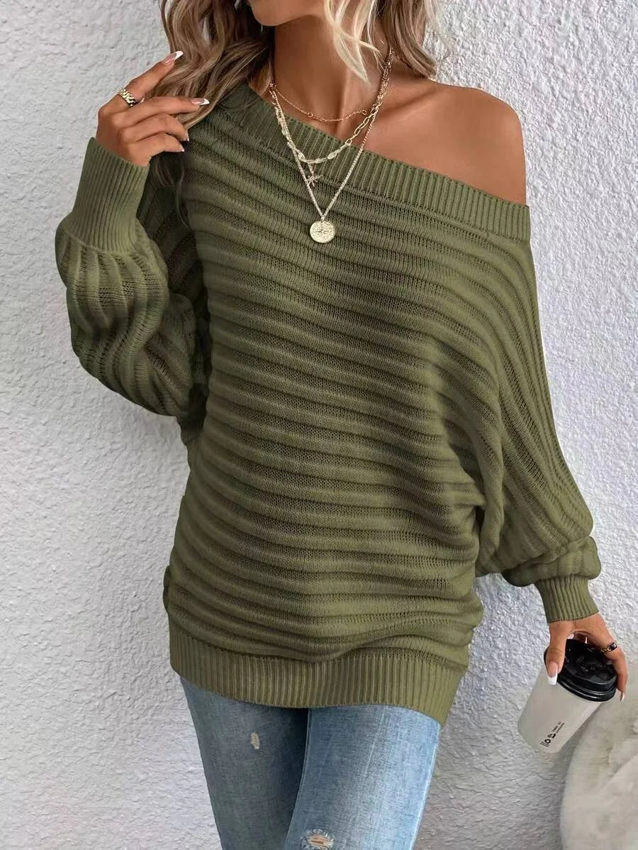 Boat Neck Batwing Sleeve Textured Knit Sweater - Swamp's Store