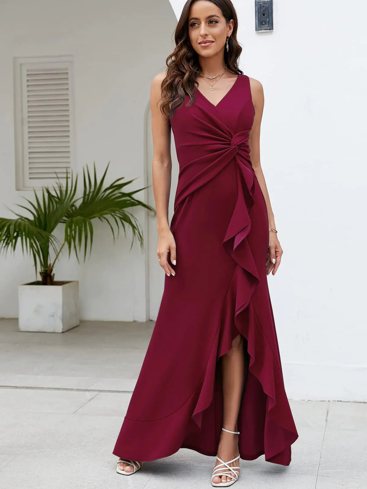 FQA Long Black Evening Gowns for Women Formal Dresses for Women Evening Party Elegant V Neck Sleeveless Split Wrap X-Large Winered - Swamp's Store